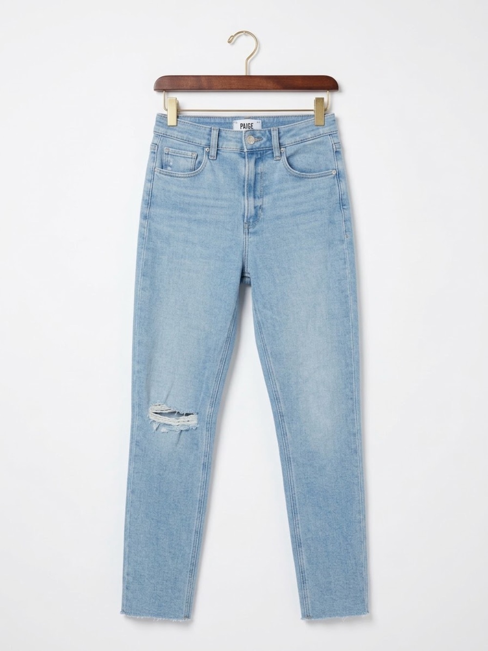 PAIGE Distressed Light Wash Sarah Slim Crop with 30” inseam